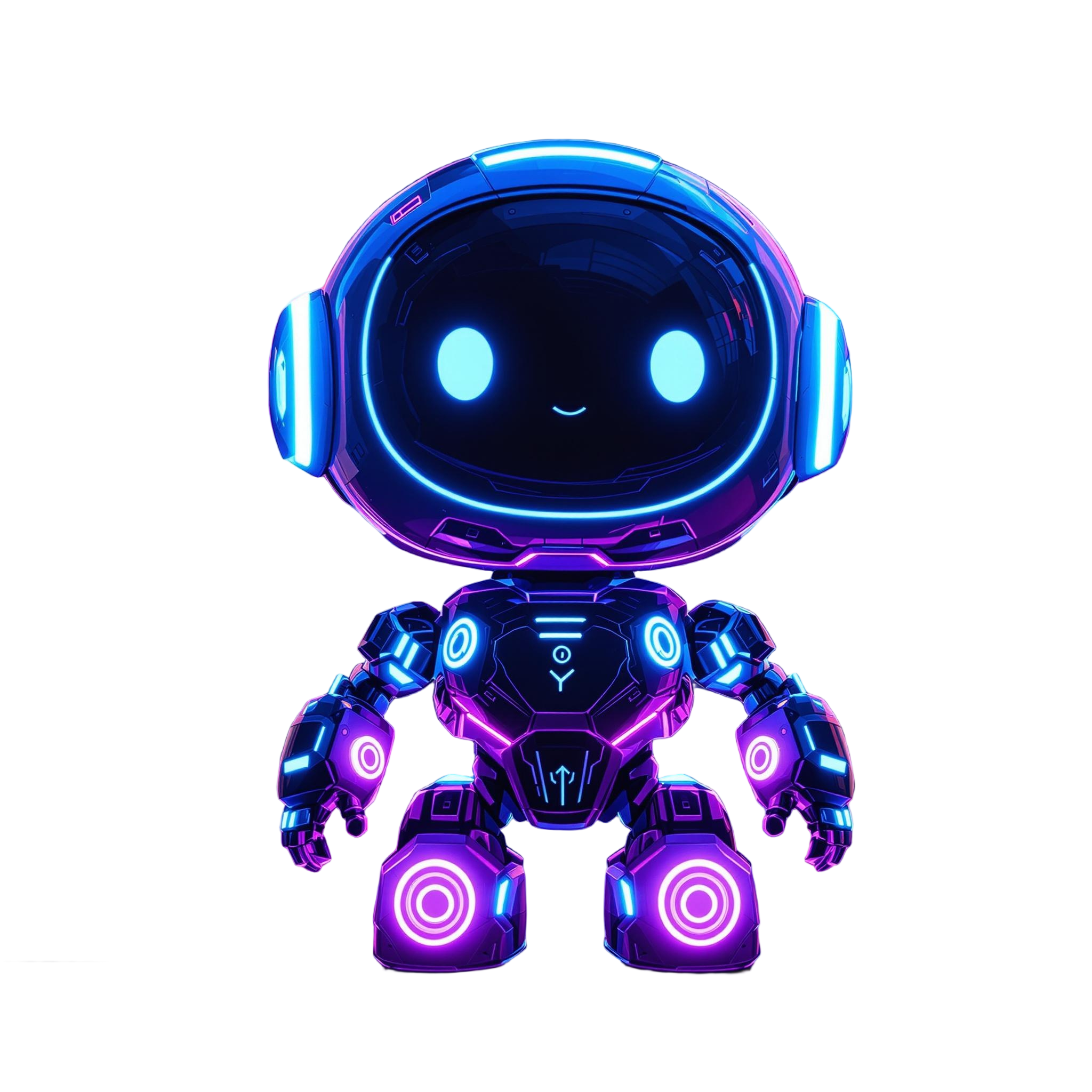 Futuristischer, leuchtender Roboter mit blau-violettem Neonlicht, der freundlich lächelt und nach vorne blickt.