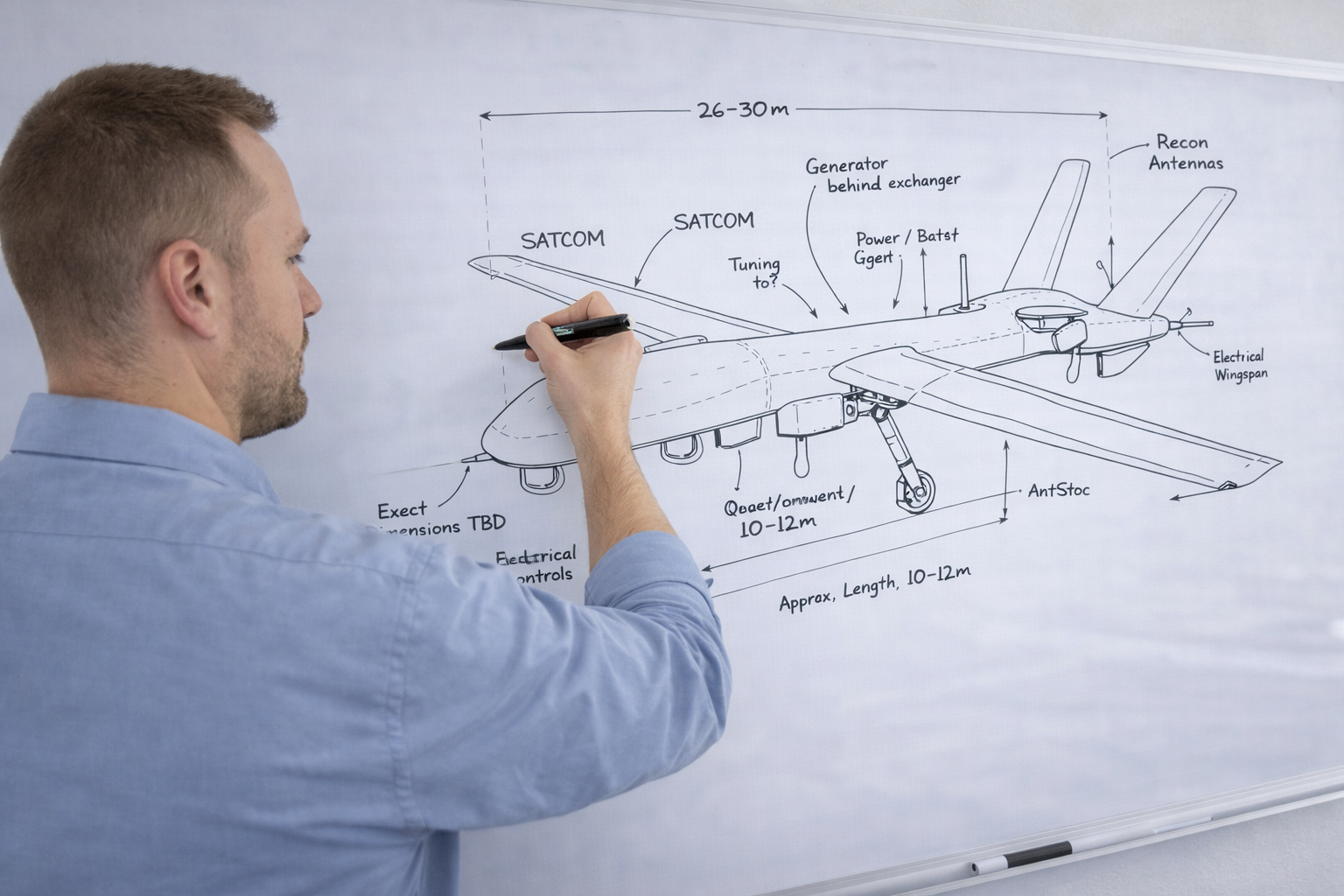 Ingenieur skizziert ein technisches Systemkonzept auf einem Whiteboard