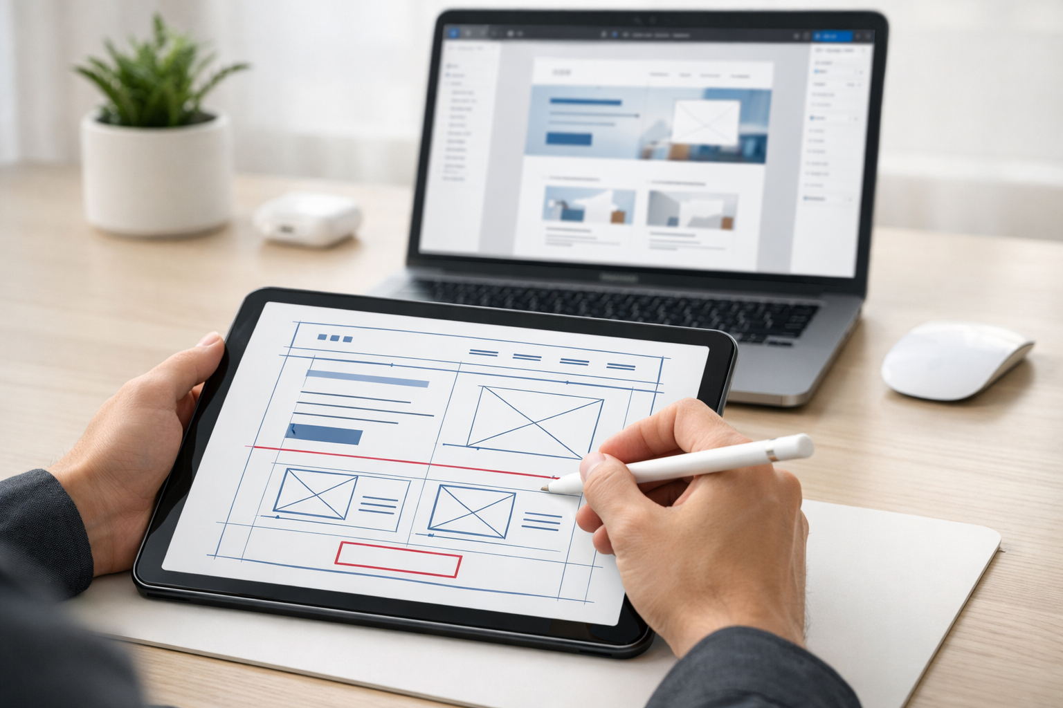 Entwurf einer Benutzeroberfläche auf einem Tablet mit Wireframe-Darstellung