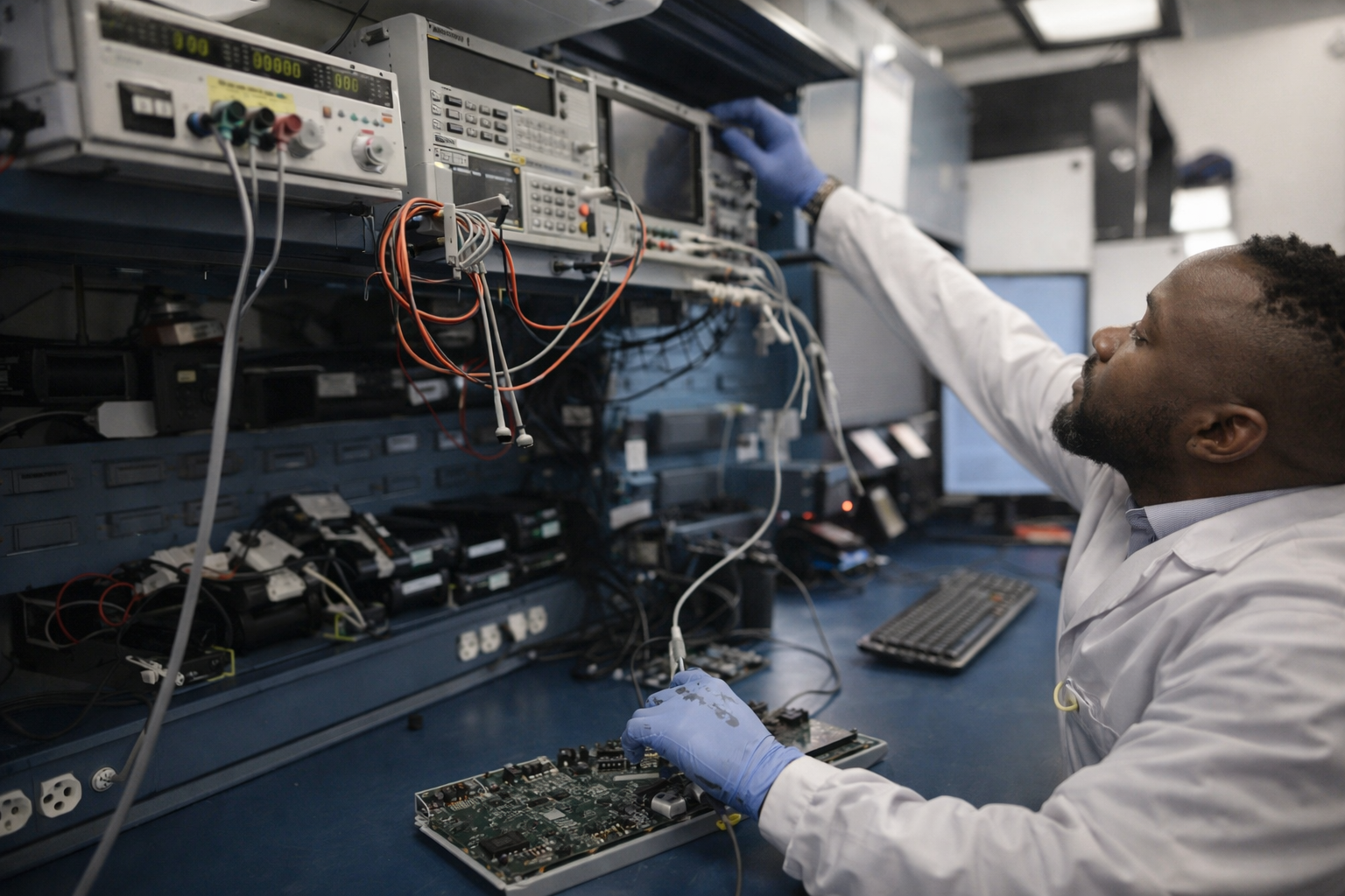 Techniker arbeitet an elektronischer Hardware in einer Laborumgebung