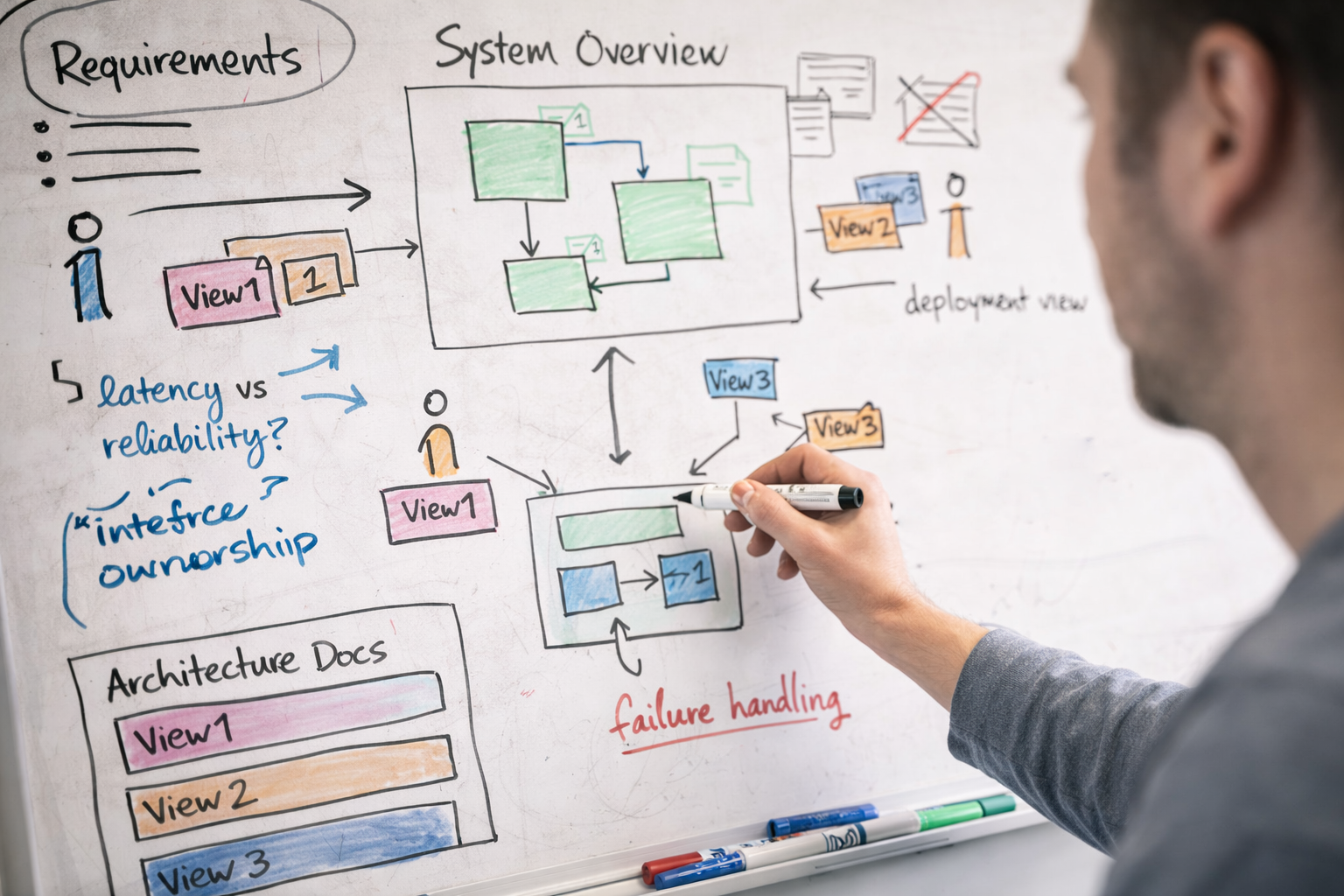 Person erläutert Softwarearchitektur anhand von Diagrammen auf einem Whiteboard